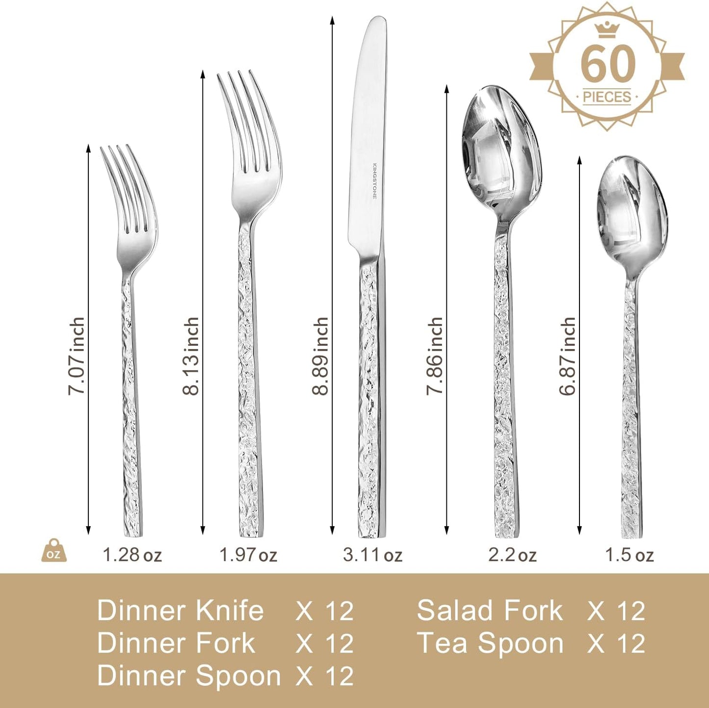 KINGSTONE 60 Pcs Hammered Silverware Set for 12, 18/10 Stainless Steel Heavy Duty Flatware Set, Tableware Cutlery Utensil Sets for Home Restaurant Dishwasher Safe
