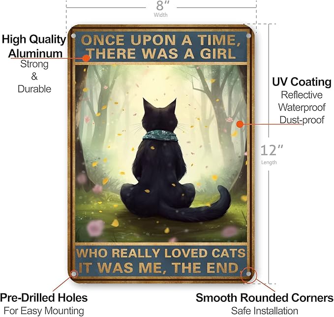 HYBLOM Black Cat Decor - Once Upon a Time Sign - Vintage Cat Decor for Home, Bedroom, Kitchen, Office, Cafe, Bar, Cat Lover Gifts, Metal Tin Sign 12x8 Inches