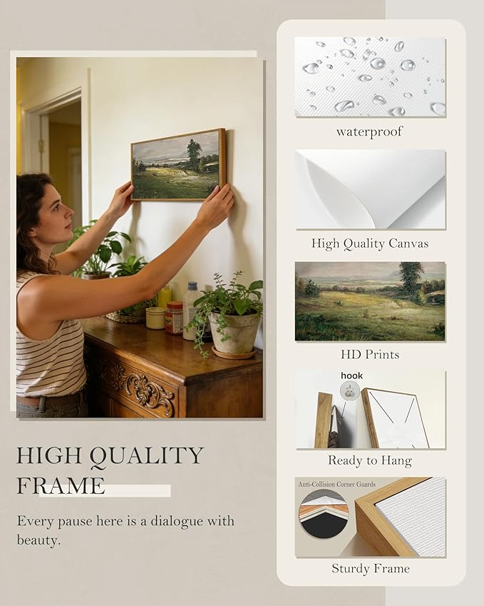 SHENIFY Vintage Framed Wall Art The Vast Grassland Wilderness Landscape Painting Retro Meadow Scenery Farmhouse Kitchen Living Room Decor - 8x16in Natural Framed