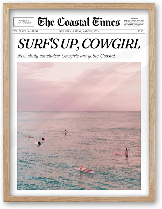 iHery Framed Trendy Coastal Cowgirl NewsPaper Wall Art Prints,Beige OAK Wood Large 16x20in Canvas Wall Decor For Bedroom,Western Vintage Bar Cart,Dorm Retro Surfing Up For Living Room 1Pack