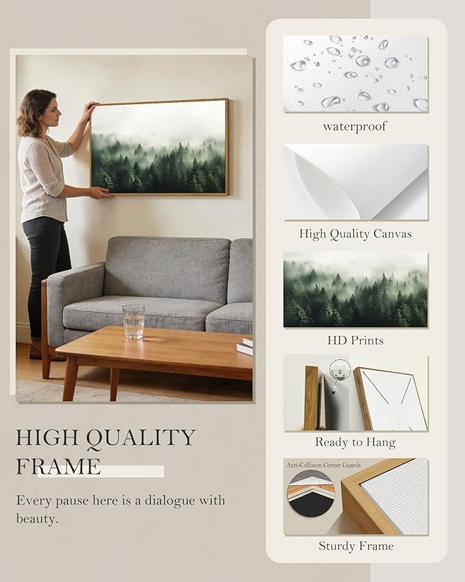SHENIFY Green Fog Pine Tree Forest Vintage Framed Wall Art Modern Landscape Scenery Farmhouse Artwork Prints Decor for Hallway Living Room Bedroom Dining Room - 24x36in Natural Framed
