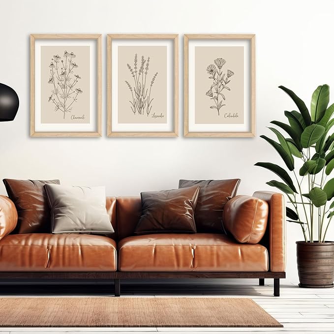YWJKWLGS Framed Vintage Botanical Wall Art Set of 3, Natural Wood Frame Wildflower Prints, Minimalist Rustic Farmhouse Decor, 11x16 inch Art for Living Room Bedroom Office