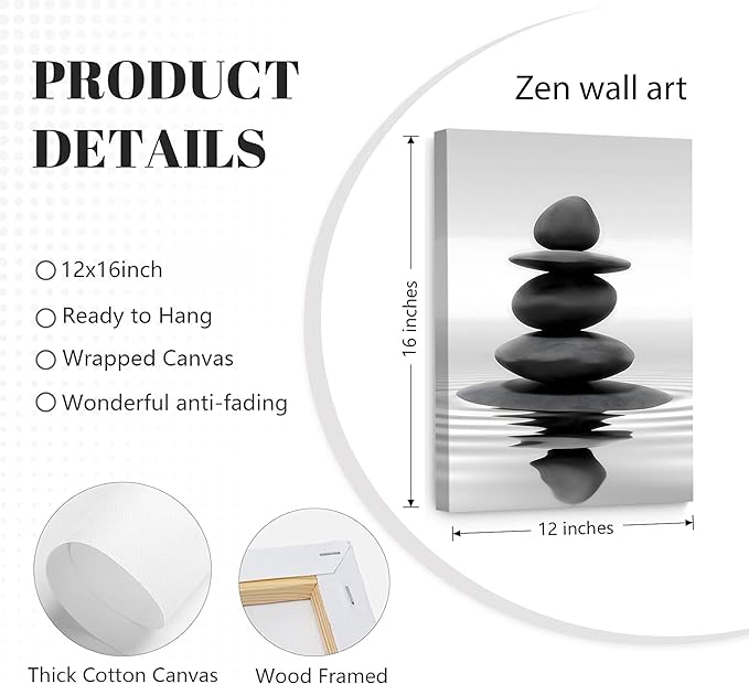 Zen Canvas Wall Art Black Stacked Stone Poster Print for Spas Bathrooms Yoga Rooms Meditation Spaces Wall docer Ready to hang 12x16in Framed