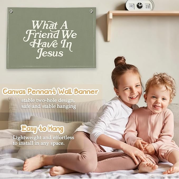 RTXLEZM Kids Room Decor-What a Friend We Have in Jesus Christian Canvas Banner Wall Hanging,Green Minimalist Bible Verse Wall Art Prints for for Classroom, Nursery, Kids Room，20x30