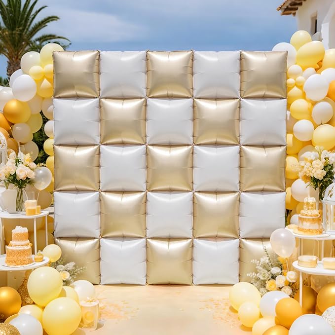 NISOCY 25PCS Beige White Square Foil Balloons Wall Backdrop Double Sided Sand Pearl White Balloon Arch Kit for Birthday Baby Bridal Shower Graduation Gender Reveal Engagement Party Decoration