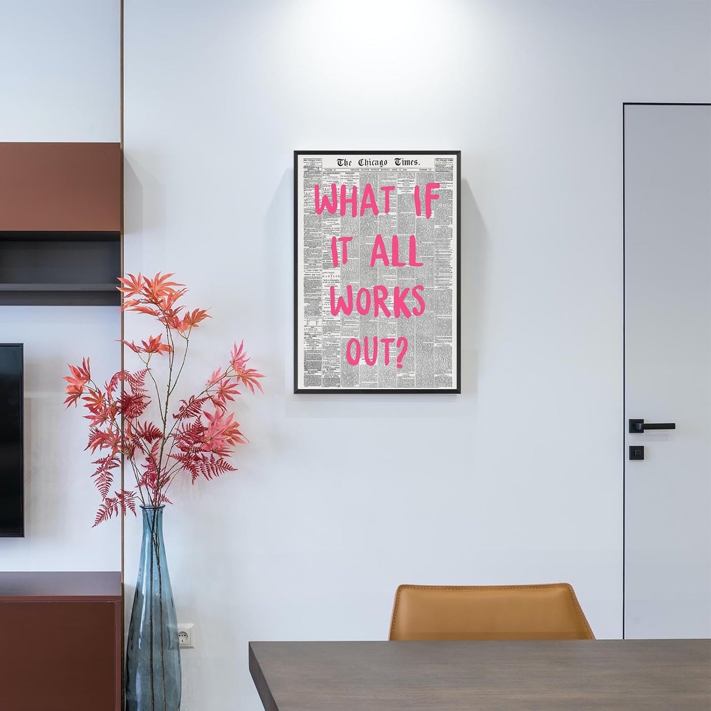 Liyark Retro Trendy Newspaper Canvas Wall Art 'What If All Works Out' Poster, Black and White, Pink Font, 24x36in Framed, Home Office Decor