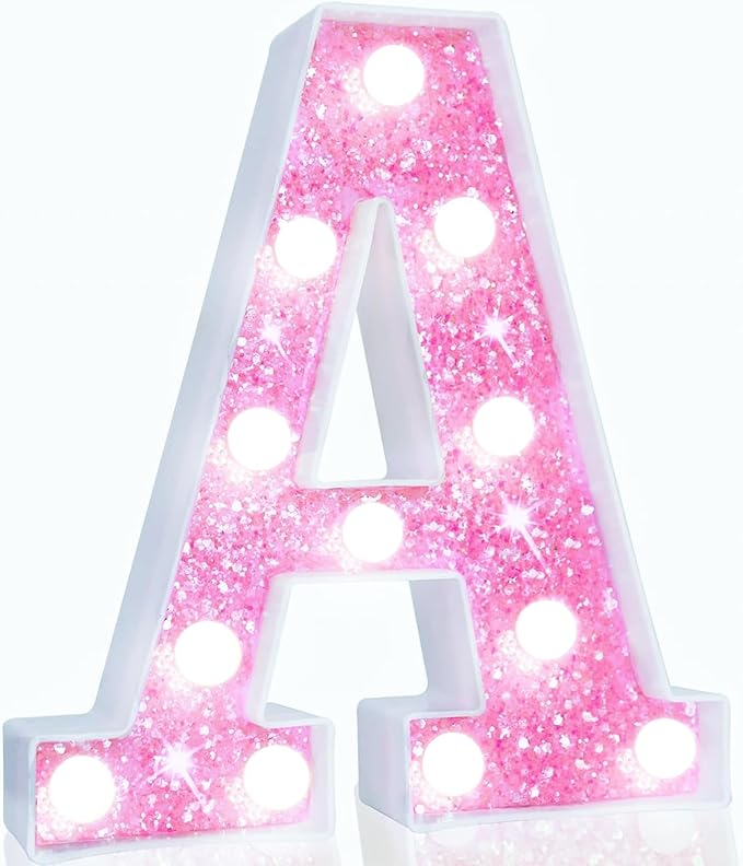 Pooqla LED Marquee Letter Lights, Light Up Letters Glitter Letter Sign Girls Gift, Battery Powered Night Light Pink Birthday Party Room Wedding Christmas Girls Bedroom Dorm Decoration, Cool White A