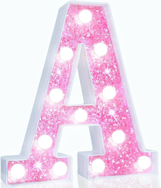 Pooqla LED Marquee Letter Lights, Light Up Letters Glitter Letter Sign Girls Gift, Battery Powered Night Light Pink Birthday Party Room Wedding Christmas Girls Bedroom Dorm Decoration, Cool White A