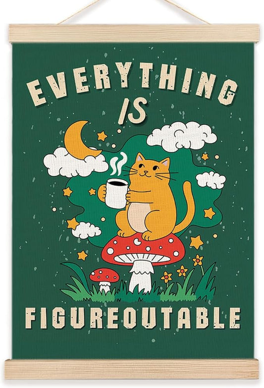 LZYRF Everything Is Figureoutable Funny Cat Wall Art Poster Framed, Positive Affirmation Inspirational Quote Canvas Prints Wall Decor for Home Bedroom Living Room Office, 16x24 Inch