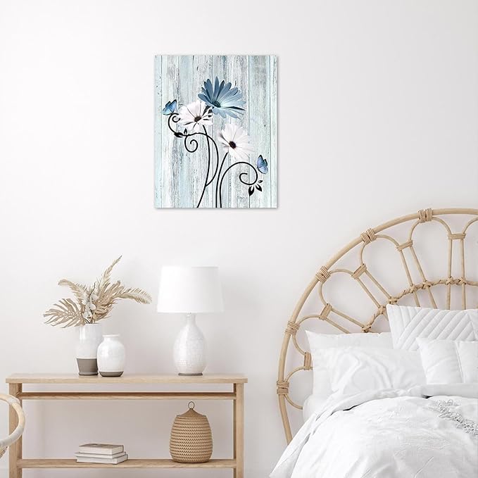 HVEST Blue Daisy Wall Art Vintage Floral and Butterfly on Rustic Wooden Canvas Wall Art Farmhouse Plant Wall Art for Living Room Bathroom Bedroom Office Decor, 10Lx8W Inches