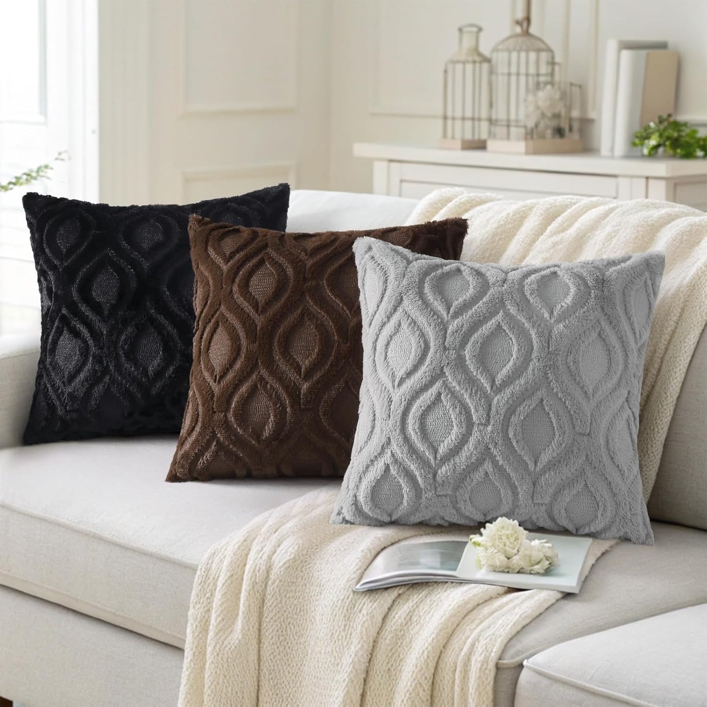 decorUhome Fall Throw Pillow Covers 26x26 Inch Set of 2, Soft Plush Decorative Faux Fur Grey Solid Couch Pillow Covers, Accent Farmhouse Neutral Square Euro Pillow Cases for Sofa Bed Living Room
