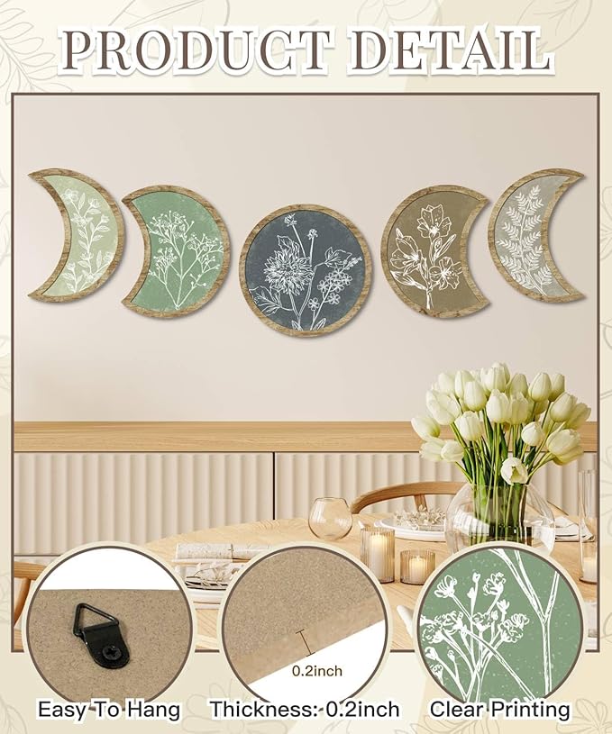 Putuo Decor Moon Phase Botanical Wall Art Set of 5, Crescent Wood Floral Panels for Bedroom Nursery Meditation Room