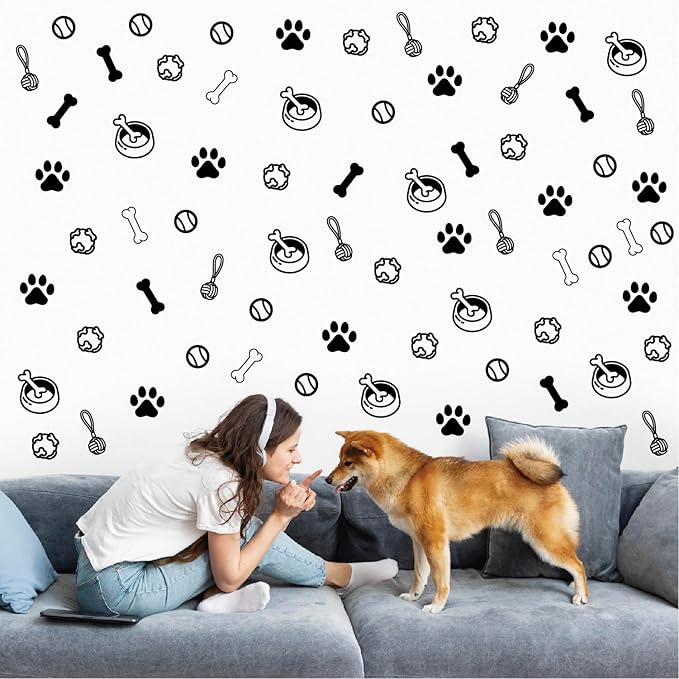 Dog Paw Wall Decal, 6 Sheets Paw Print and Dog Bone Stickers Vinyl Puppy Paws Wall Stickers for Dogs Room Decor Nursery Bedroom Room Decorations