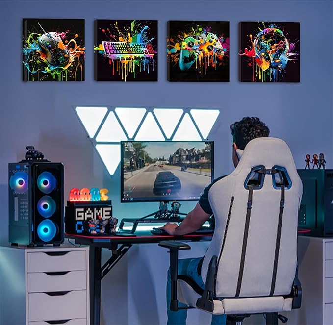 Gamer Room Decor for Boys - Game Wall Art Graffiti Gamepad Earphone Canvas Print Pictures Cool Video Gaming Poster Street Pop Men Cave Teen Bedroom Dorm Playroom Home Artwork Framed 12"X12"X4 Panels