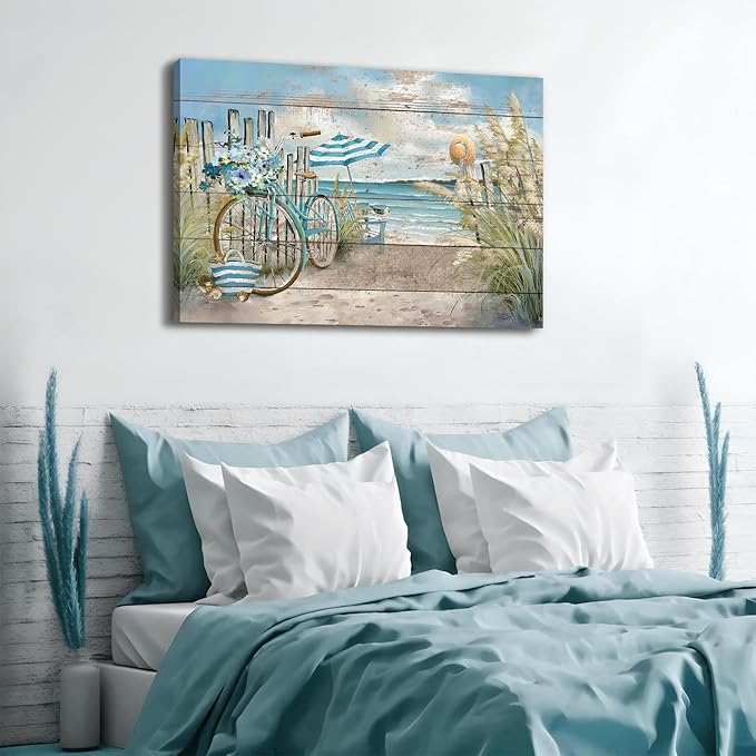 Large Blue Ocean Wall Art Abstract Coastal Seascape Picture for Living Room Decor Seaside Landscape Poster Rustic Dune Beach Prints Farmhouse Artwork Kitchen Living Room Decoration 32x48"