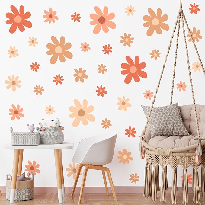 TaoBary 12 Sheet Daisy Wall Sticker Decal Removable Cute Daisy Bedroom Room Decor Flower Wall Sticker Pink White Flower Decal Wallpaper Peel and Stick for Nursery Home(Orange,Colorful Style)