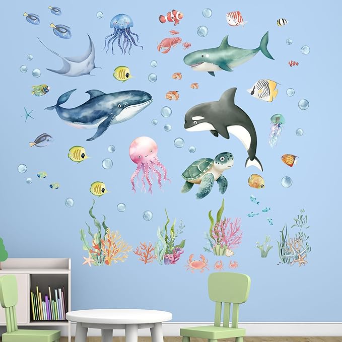 Under The Sea Wall Decals - Marine Theme Shark Whale Fish Sea Turtle Ocean Wall Stickers - Bathroom Baby Nursery Kids Bedroom Daycare Wall Decor