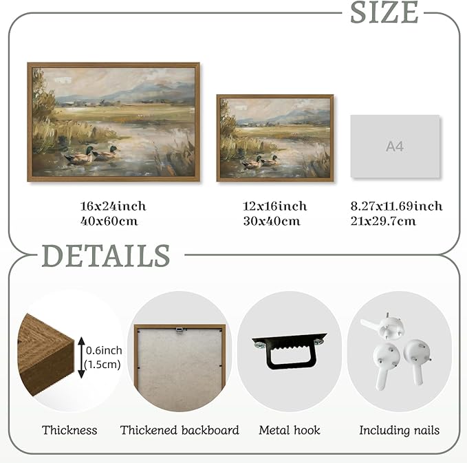 Clicyre Vintage Mallard Duck Swimming on Pond Canvas Wall Art Decor, Rustic Wildlife Nature Painting for Cabin Lake House Woodland Lodge, Framed Waterfowl Bird Pictures for Man Cave Men's Gift 12x16