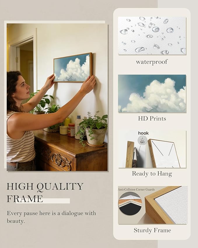 SHENIFY Vintage Framed Wall Art Cloud in Sky Landscape Scenery Rustic Home Decor Retro Decorations for Farmhouse Hallway Bedroom Ready to Hang Wall Artwork - 8x16in Natural Framed