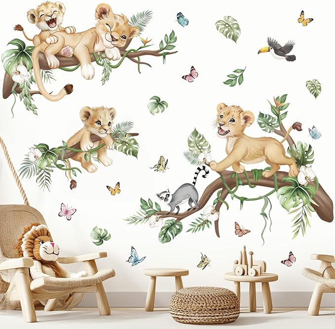 wondever Safari Animal Lions Wall Stickers Jungle Animals Tree Branch Butterfly Peel and Stick Wall Art Decals for Baby Nursery Kids Bedroom Living Room