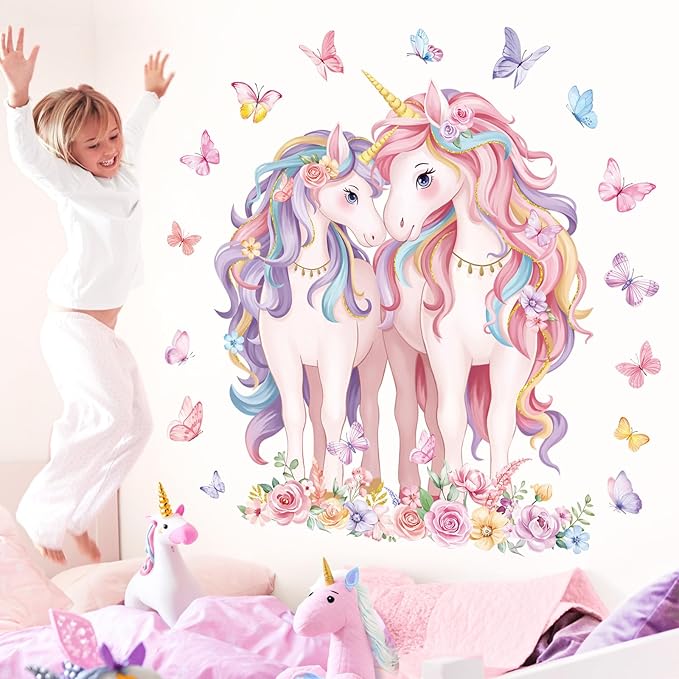 decalmile 2 Large Size Unicorn Wall Decals Unicorn Flower Butterfly Wall Stickers Baby Nursery Kids Room Girls Bedroom Wall Decor