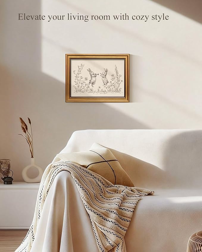 InSimSea Gold Framed Canvas Prints Wall Art, Vintage Nursery Decor, Rabbits Flowers Easter Animal Line Paintings Wall Decor Aesthetic, Neutral Pictures for Bedroom Living Room Shelf, 12x16inch