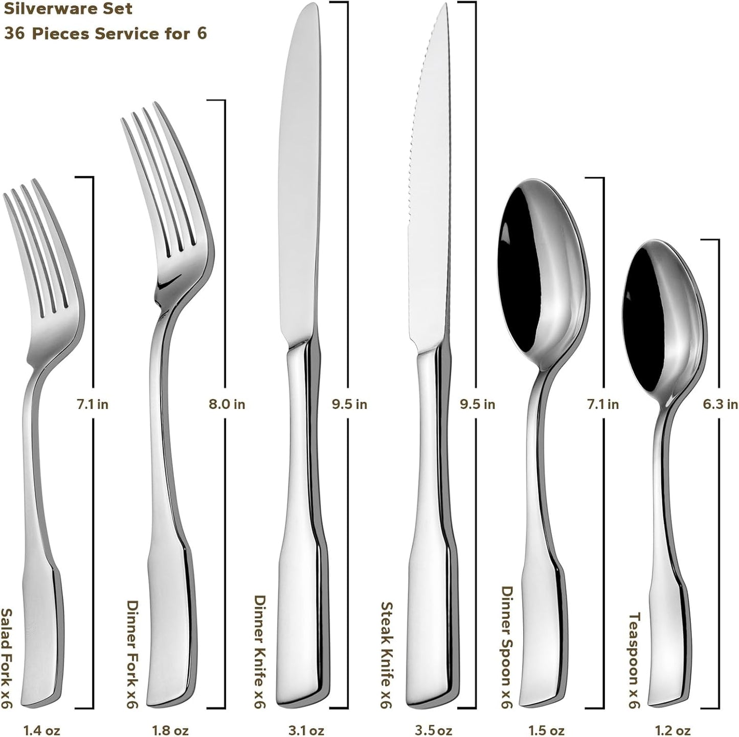 Alata Kate 36-Piece Silverware Set with Steak Knife, Stainless Steel Flatware Set Service for 6, Mirror Polished Cutlery Set Dishwasher Safe