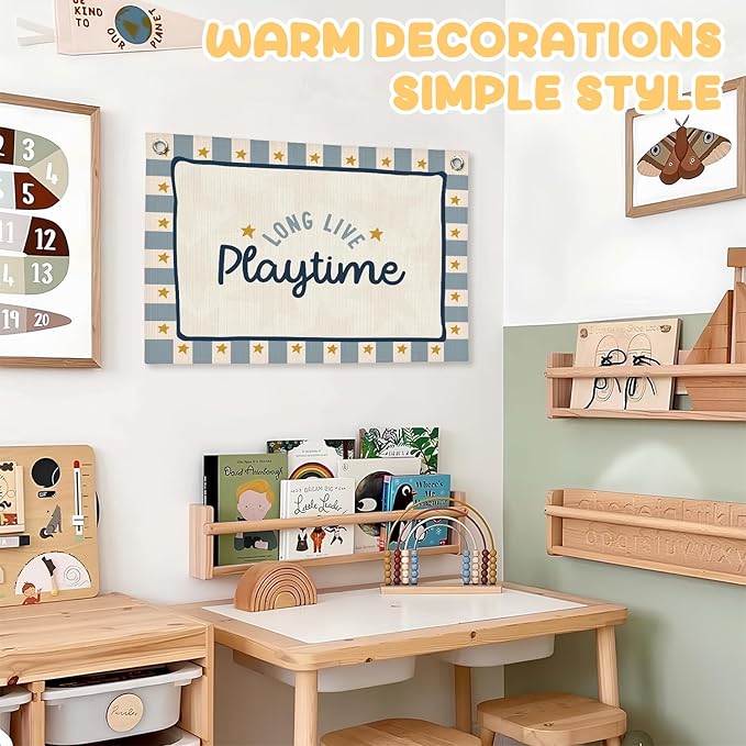 Playroom Wall Decor,Long Live Playtime Linen Canvas Banner,Navy Blue Toddler Playroom Decor Kids Room Nursery with Star Pattern Wall Decor for Toddler Boys Toy Room Bedroom,30x20 Inch