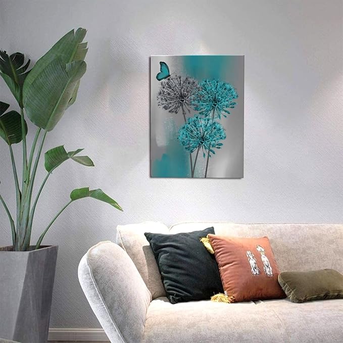 LB Dandelion Canvas Wall Art Teal Grey Dandelion with Butterfly on Abstract Background Wall Art Plant Wall Decor for Living Room Bedroom Bathroom Office Home Framed Ready to Hang 10L x 8W Inch