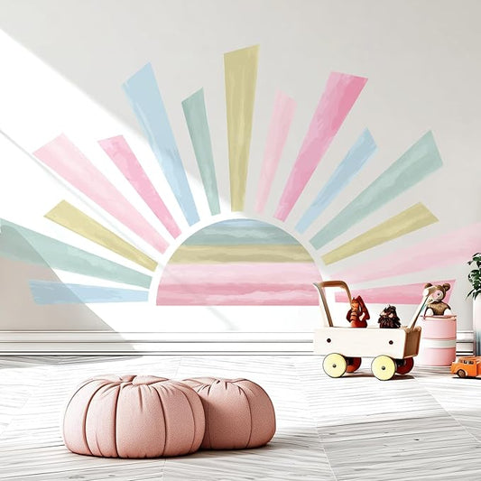 Large Boho Half Sun Wall Decals, Sunshine Peel and Stick Fabric Nursery Wall Decor, Removable Home Room Decor Murals Stickers for Kids Girls Toddler Bedroom Living Room Playroom