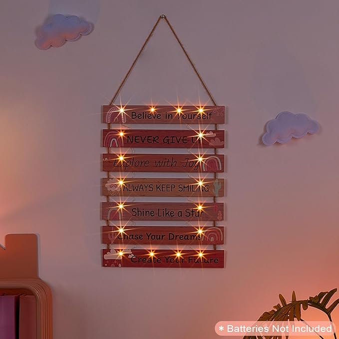 FIOBEE Girls Room Décor for Teen Girls Boys with LED Light Wall Decor for Bedroom Motivational Inspirational Wall Art Room Decoration for Kids Studyroom, 8 Kinds of Lights, Light Pink Boho