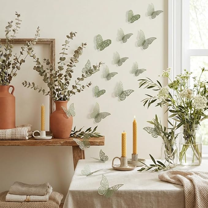 Bememo 72 Pieces 3D Butterfly Wall Decals Sticker Decal Wall Decor Art Decorative Sticker 3 Sizes for Room Offices Bedroom Bathroom Living Room Decor(Sage Green)