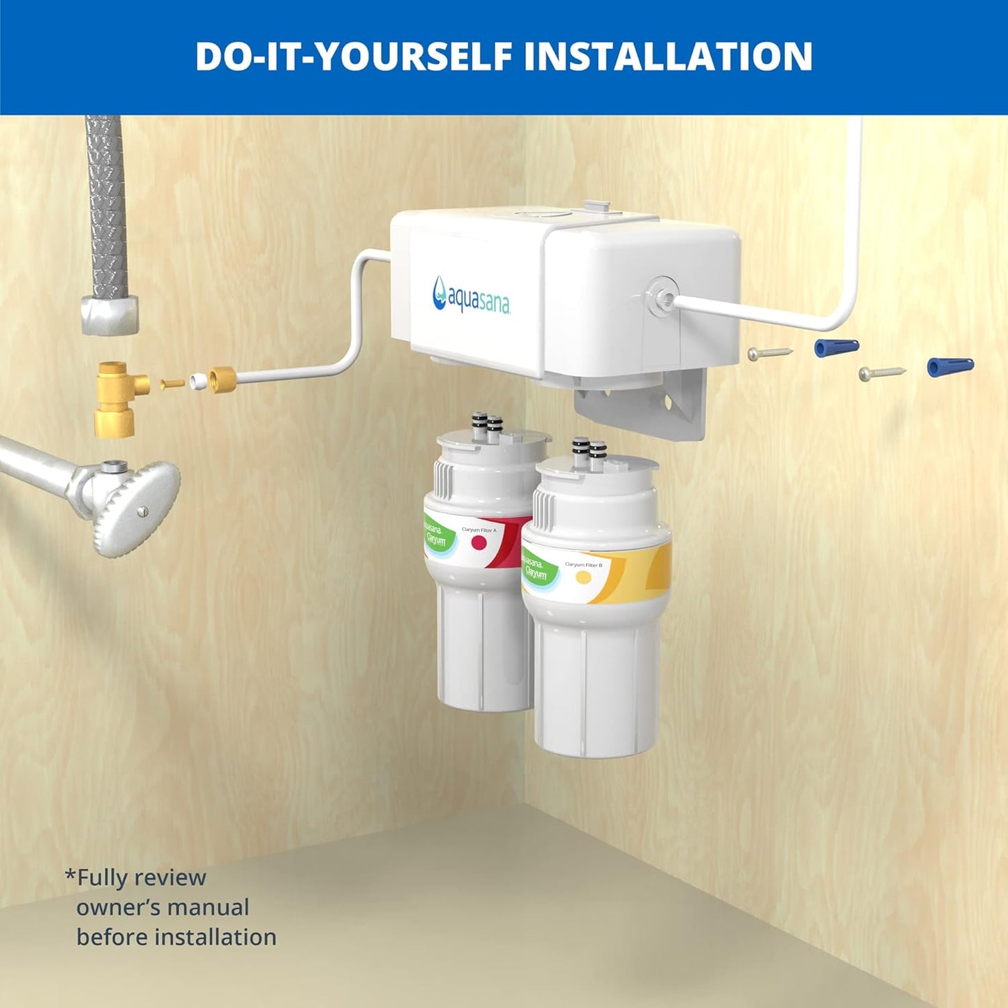 Aquasana Under Sink Water Filter System - Reduces PFAS, Lead, & Chlorine in Drinking Water - Under Counter Claryum Filtration for Kitchen - 2-Stage - Chrome Faucet - AQ-5200.56
