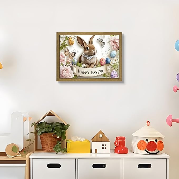 Framed Easter Bunny Wall Art, Vintage Holiday Decor Oil Painting, Rustic Farmhouse Spring Animal Wall Decor, Cute Rabbit Easter Eggs Canvas Print Paintings for Living Room Bedroom Nursery 12x16 Inch