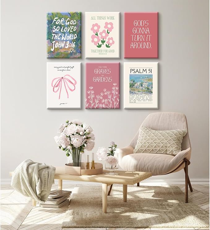 Christian Wall Art Coquette Aesthetic Decor Poster Pink Bow Canvas Wall Art Bible Verse Scripture Poster Religious Floral Prints Picture Christian Artwork for Living Room Bedroom 12x16x6 Ready to Hang