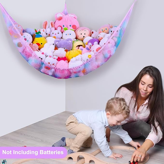Unicorn Castle Stuffed Animals Net or Hammock Kids Toy Storage Organizer with LED Light Hanging Corner Stuffed Animals Holder Kids Girls Room Decor,Blue-Purple,XLarge (Pack of 1)