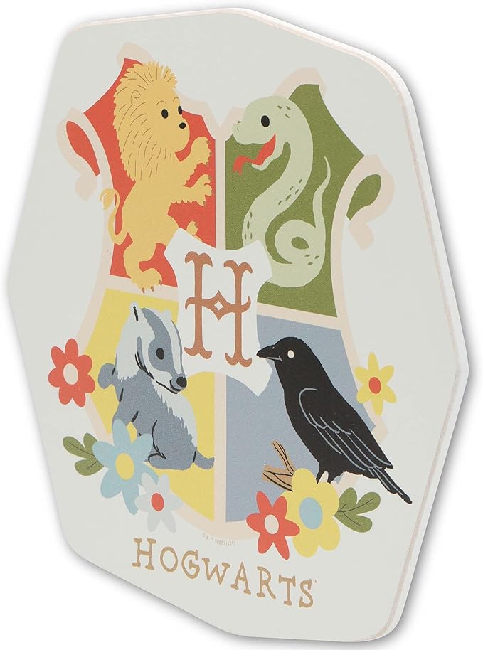 Harry Potter Hogwarts Crest Wood Wall Decor - Floral Hogwarts Crest Wall Art for Bedroom or Nursery