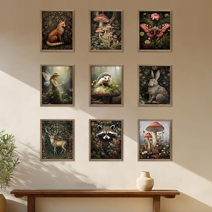 Dark Cottagecore Room Decor Aesthetic, Cottagecore Core Wall Decor, Forest Botanical Wall Art Canvas Prints, Fairycore Decor, Nature Mushroom Posters Vintage Animal Pictures for Bedroom, UNFRAMED