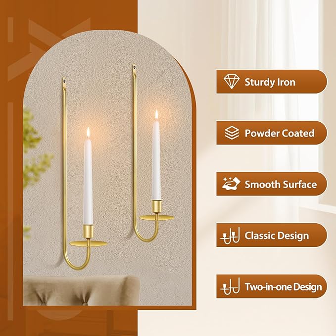 Gold Candle Sconces Set of 2, 13.2 Inch Taper & Pillar Wall Candle Holder, Wall Candle Sconces Set of Two, Decor for Entryway, Fireplace, Living Room, Gifts for Women Men