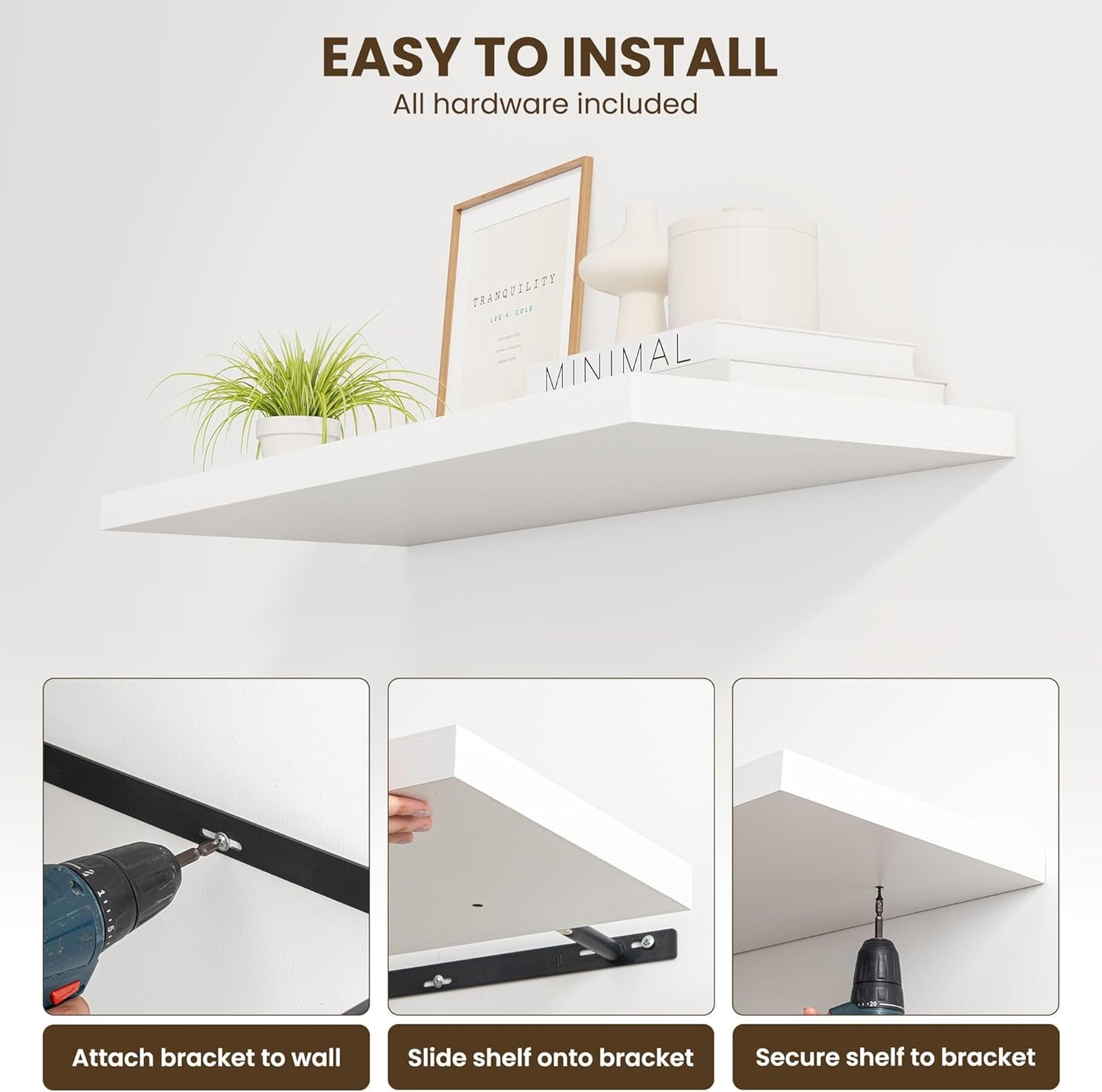 32" Floating Shelves for Wall, 12" Deep Slim White Floating Shelves, Wall-Mounted Shelves for Bedroom, Living Room, Kitchen, Bathroom - Set of 2