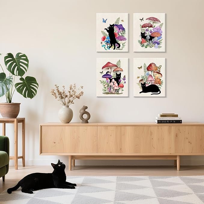 CHDITB Black Cat Canvas Wall Art, Vintage mushroom and cat Wall Decor, Nature Artwork Fantasy Fungus Feline Poster Retro Aesthetic Art Prints For Cats Lover Living Room Bedroom Decor (8X10 Inch)