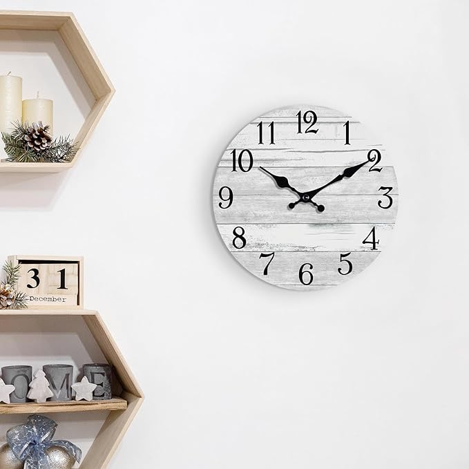 Wall Clock Battery Operated 14 Inch Large Gray Silent Non Ticking Country Rustic Design Vintage Retro Decorative for Bathroom Kitchen Bedroom