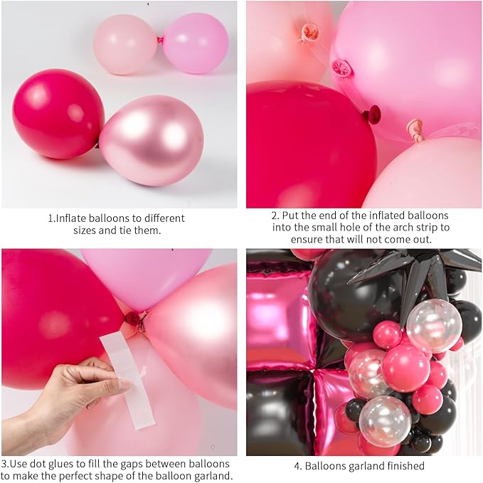 25pcs Black Pink Foil Square Balloon Wall With 139pcs Hot Pink Black Clear Balloon Arch Kit, Double Sided Balloon Tunnel for Birthday Anniversary Bridal Shower Party Decoration