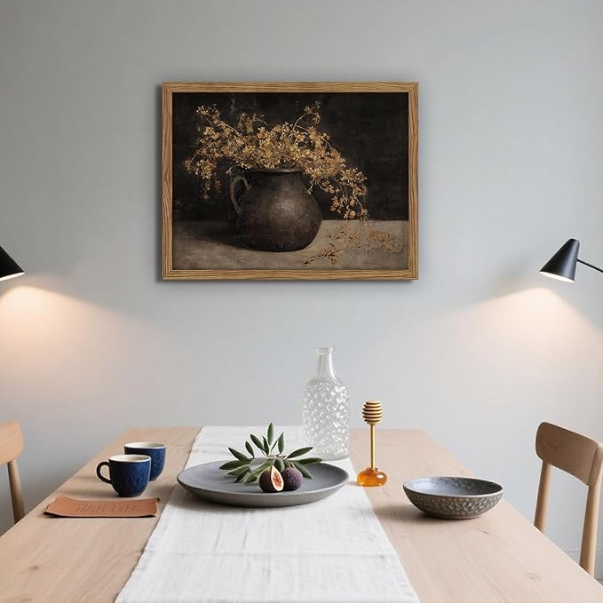 Vintage Dark Framed Wall Art, Farmhouse Floral Autumn Painting, Cottagecore Botanical Vase Wall Decor, Country Cottage Pictures Aesthetics Canvas Print for Living Room Bedroom – 12x16 inch