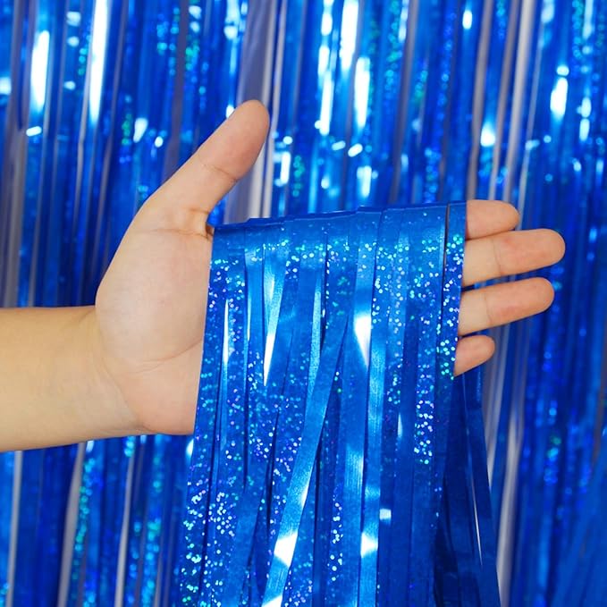 Foil Fringe Curtains Party Decorations - Melsan 3 Pack 3.2 x 8.2 ft Tinsel Curtain Party Photo Backdrop for Independence Day Decorations Birthday Party Baby Shower or Graduation Navy
