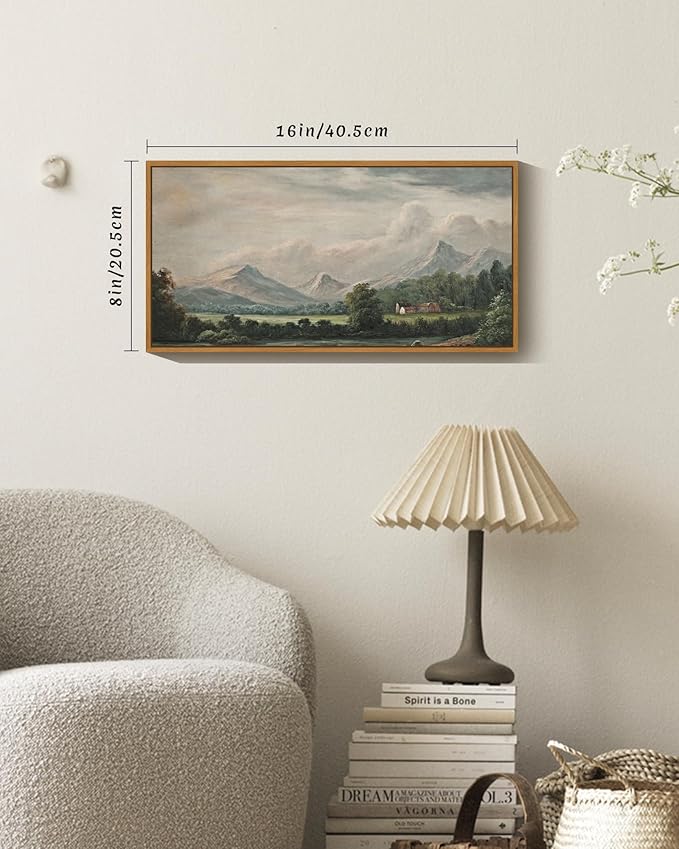 SHENIFY Vintage Framed Wall Art Country Village Landscape Painting Retro Mountain Meadow Scenery Farmhouse Kitchen Living Room Decor - 8x16in Natural Framed
