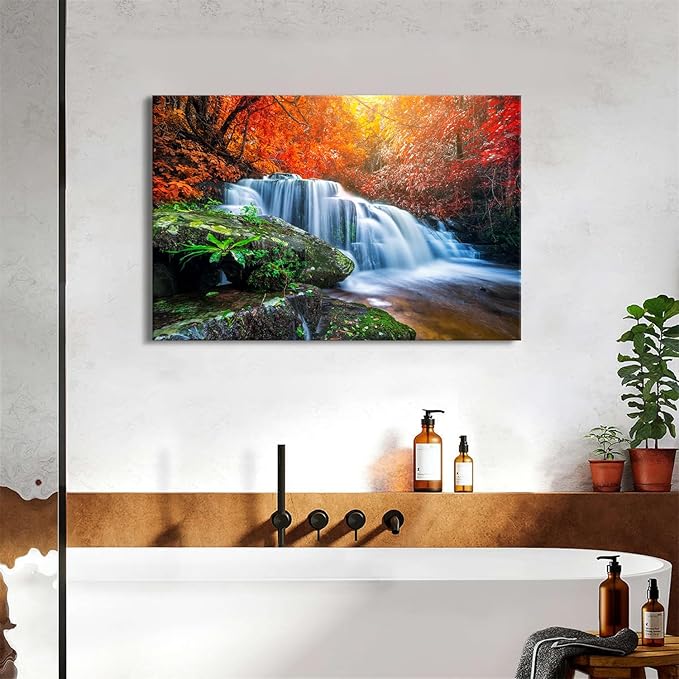 Waterfall Wall Art Autumn Red Forest Wall Decor for Living Room Nature Trees River Landscape Canvas Prints Fall Stream River Pictures National Park Posters for Bedroom Bathroom Home Decoration 24x36"