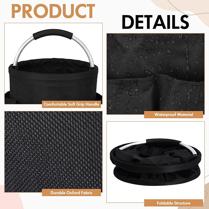 LemonRoad 4 Pack Cleaning Caddy with Handle 17L Foldable Cleaning Supplies Organizer Oxford Cloth Storage Basket with 6 Pockets & Soft Grip Portable Multi Bucket Bag for Home, Garden (Black)