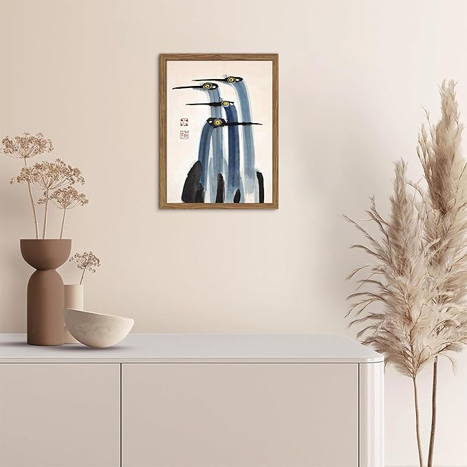 Framed Vintage Canvas Wall Art, Elegant Ink Cranes Painting, Antique Watercolor Prints, Classic Chinese Style Bird Artwork, Farmhouse Wall Decor for Living Room Study Office – 16x24 inch