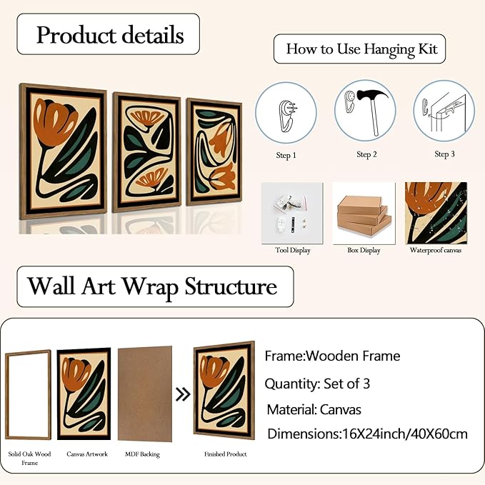 Mid Century Floral Wall Art Set of 3, Modern Abstract Botanical Wall Decor Picture, Vintage Boho Eclectic Plant Canvas Prints Paintings for Bedroom Living Room 16x24 inch Framed